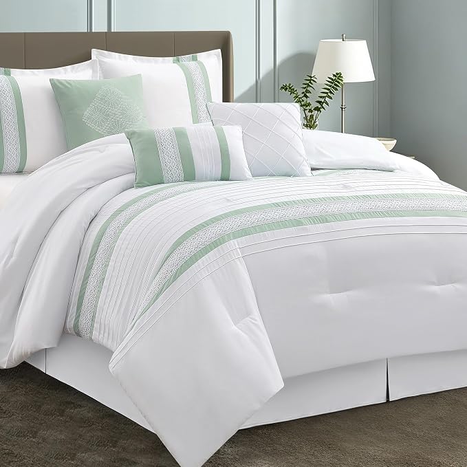 7 Piece Comforter Set, Sage White, Queen Size, Boho Style Geometric Microfiber Embroidery, Bed in a Bag with Bedskirt, Pillow Shams and Decor Pillows