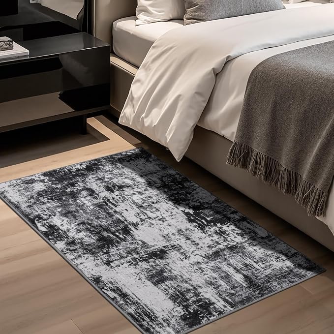 Rugflix 3x5 Entrance Rugs, Washable Black Grey Dark Entry Small Rug | Machine Washable; Stain-Resistant; Low Pile; Non-Slip; Modern Abstract; Carpet for Entryway Kitchen Hallway Home