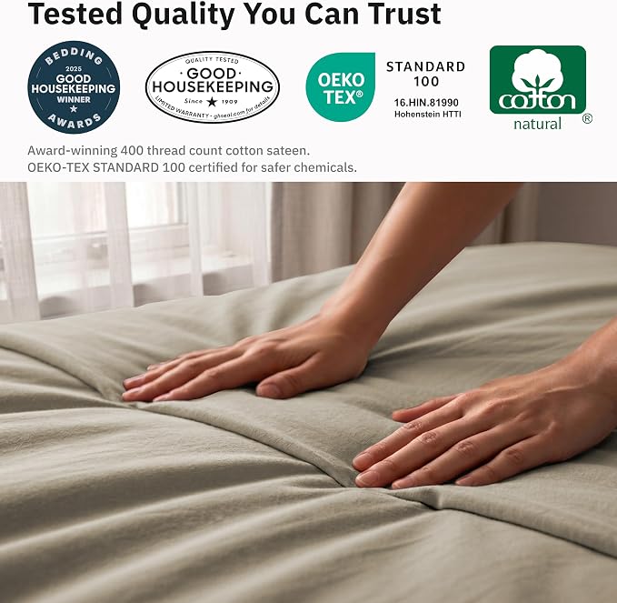 California Design Den Soft 100% Cotton Sateen Duvet Cover King Set, Taupe | 3-Piece Set with 2 Pillow Shams, Backed by Good Housekeeping Seal, Button Closure & Corner Ties, 400 TC 100% Cotton Sateen