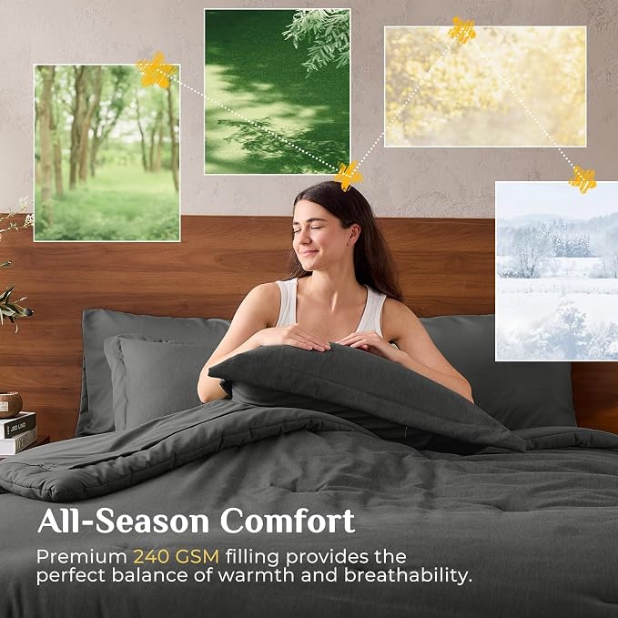 JOLLYVOGUE Dark Grey Queen Comforter Set, Cationic Dyeing Bed in a Bag Queen 7 Pieces, Double-Tone Bedding Set with Down Alternative Comforter, Sheets, Pillowcases & Shams