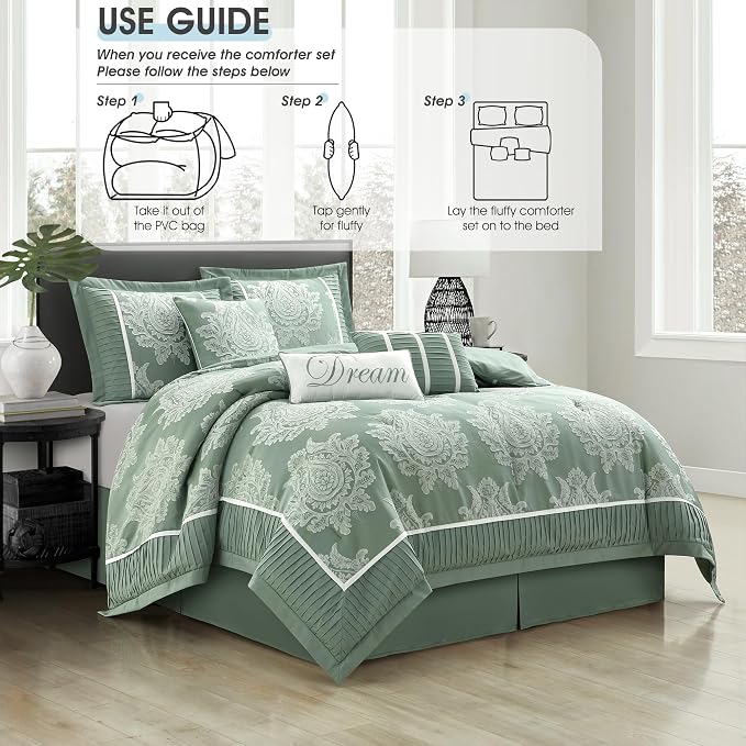 Sage Oversized Comforter Set 7 Pieces, Jacquard Woven with Damask, Bedding Set in a Bag Includes Comforter, Bed Skirt, Pillow Shams, and Decorative Pillows
