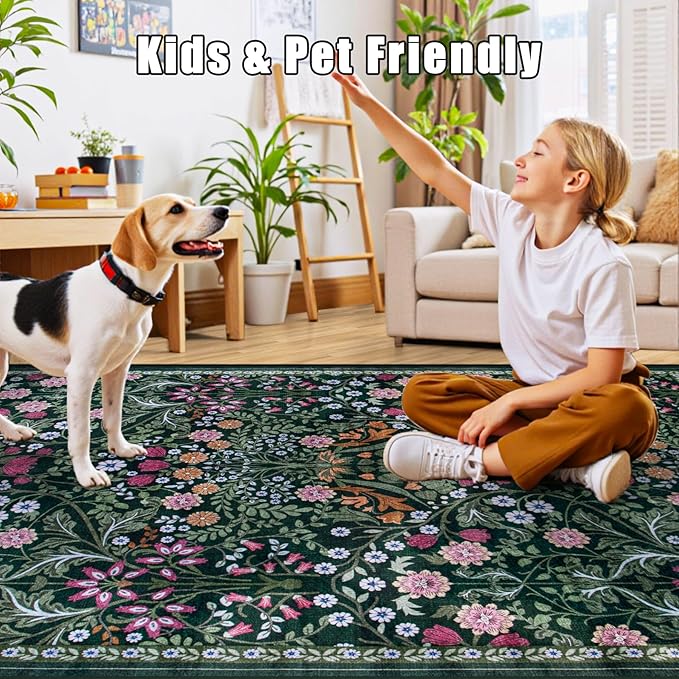PLHXFR Area Rug Living Room: 3x5 Floral Washable Boho Carpet Dark Green | For Bedroom Dining Room Farmhouse Nursery Hallway,Vintage Floral,Machine washable,Non Slip,Stain Resistant,Large Indoor