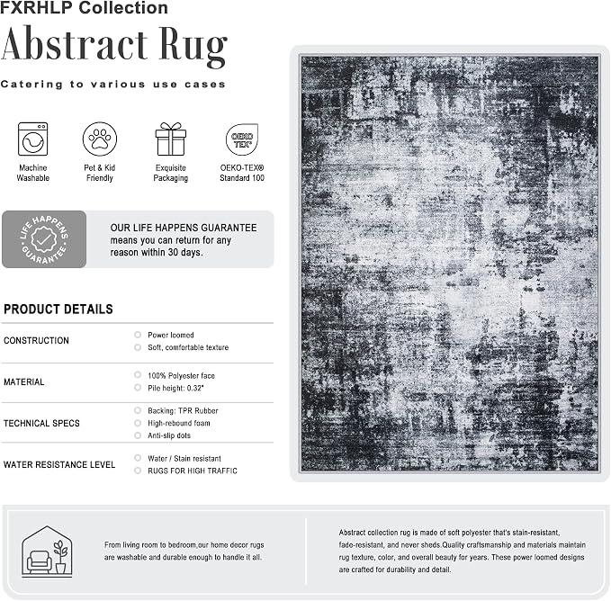 10x12 Area Rug Living Room: Modern Washable Soft Carpet Dark Black | For Bedroom Dining Room Farmhouse Nursery Hallway Office,Modern Abstract,Machine washable,Non-Slip,Stain Resistant,Indoor