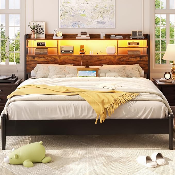 Aheaplus Headboard for Queen Size Bedwith Storage and Outlets, Rustic Brown | Headboards with LED Light, Power Outlets, USB Ports Queen Size Head Board, Wood headboard Only Sturdy and Stable Headboards