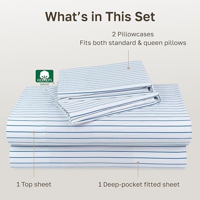 California Design Den 600 Thread Count Queen Size Bed Sheet Set | 100% Cotton Sateen Backed by Good Housekeeping Seal, Soft & Smooth, 16" Deep Pocket, Easy Care - Classic Blue Stripe Print