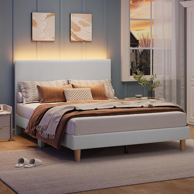 Bestier Queen Bed Frame with Headboard LED Lighting,Upholstered,Light Grey | LED Lighting Headboard,Easy Assembly,No Squeaks,Vertical Channel Corduroy Upholstered,Wood Slats Support,No Box Spring Needed