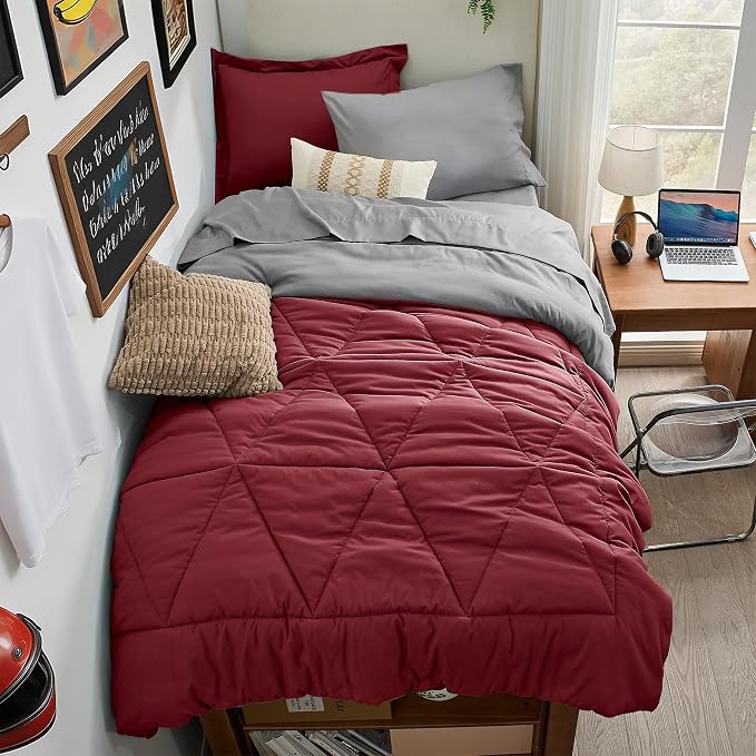 BEDELITE Twin XL Comforter Set 5 Pieces, Reversible Dark Red Bed in A Bag | Soft All Season Down-Alternative Comforter, Sheets, Pillowcases & Shams, OEKO-TEX Certified Bedding for Drom Room, College