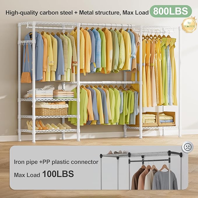 SEMHOR E06 Expandable Heavy Duty Clothes Rack for Reach-in Closet | Freestanding Clothing Racks with Shelves, Carbon Steel Closet Organizer System Adjustable 70.8-93.9", Max Load 800LBS, White