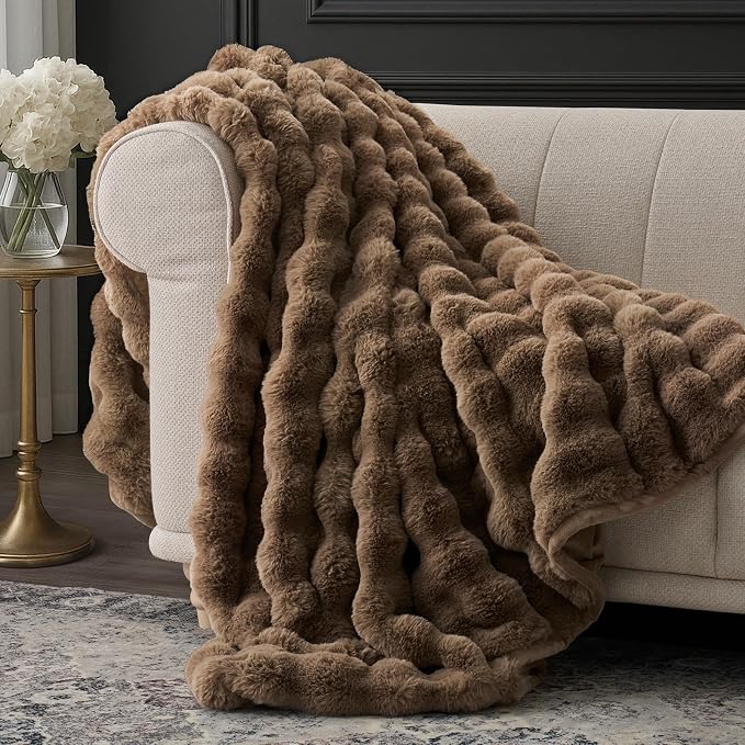 EverGrace Faux Rabbit Fur Bubble Throw Blanket, 50"x60", Natural Tan | Ultra Soft, Luxury Faux Rabbit Fur Throw, Thick Warm Bubble Blanket, Cozy Fluffy Reversible, for Bed, Couch, Chair, Sofa
