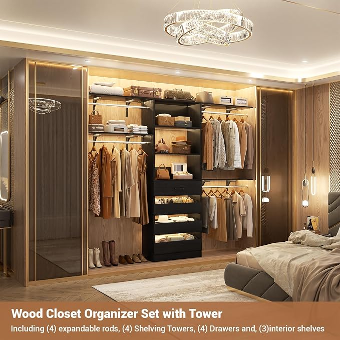 Aheaplus Closet System with 4 Drawers, 8FT Wood Closet Organizer System | 96" Closets Built In System Tower with Shelves & 4 Rods, Walk-in Closets Wardrobe Clothes Rack, Fits Spaces 4-9 ft, Black