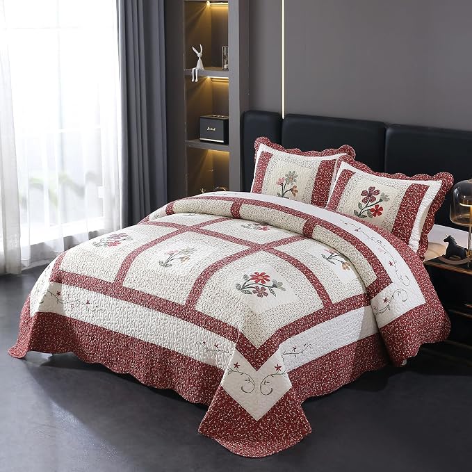 vctops Christmas Red 3 Piece Embroidered Floral Quilted Bedspread Quilt Set 100% Cotton Reversible Patchwork Coverlet Set 1 Quilt and 2 Pillow Shams (Red,King)
