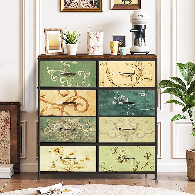 8-Drawer Dresser for Bedroom, Anti-Tip Tall Storage Organizer | Chest of Drawers with Wooden Top and Metal Frame Fabric Bins for Closet, Living Room, Hallway, Entryway, Floral Painted
