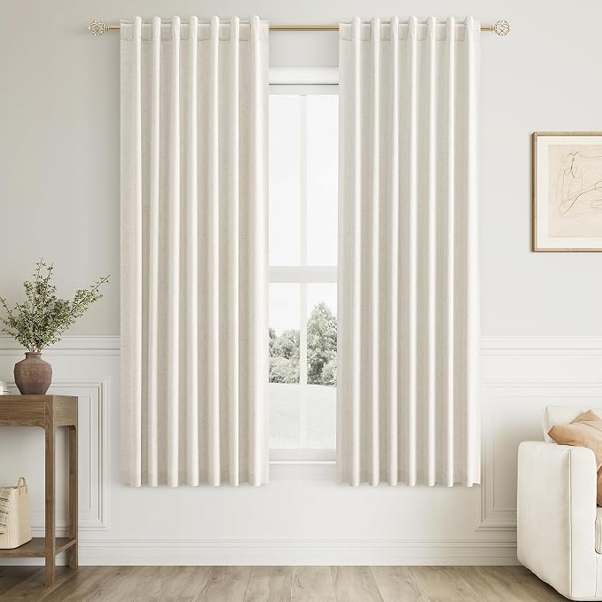 100% Blackout Linen Curtains for Bedroom 63 Inches Long Natural Cream Black Out Curtain Back Tab Thermal Insulated Room Darkening Window Drapes for Living Room 2 Panels Beige Ivory 40x63