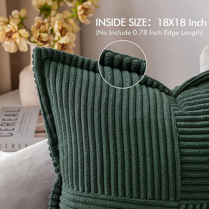 MIULEE Decorative Throw Pillow Covers for Couch 18x18 Inch Dark Green | 2 Pack, Boho Broadside Striped Patchwork Pillow Covers, Soft Corduroy Cushion Cases, For Sofa Bed Livingroom Home Decor