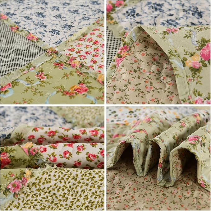 Oversized King Quilt Set Green Floral Patchwork Alaska King Bedspreads Set | 3-Piece Alaskan King Size Bedding Set 132x120 Rversible Quilted Coverlet Lightweight Comforter Bed Cover with 2 Pillowcase