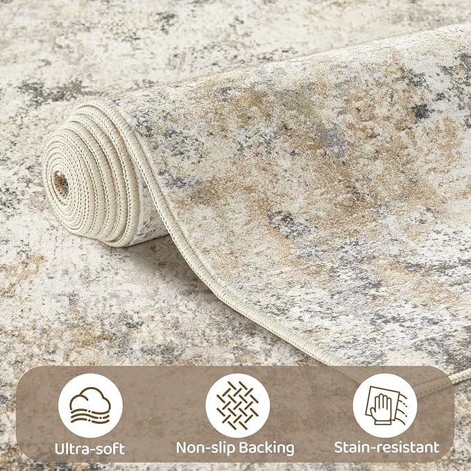 UERMEI 10x14 Washable Area Rug - Neutral Modern Abstract Living Room Rugs, Non-Slip Soft Large Indoor Floor Carpet for Bedroom Home Office & Under Dining Table Decor, Golden Grey