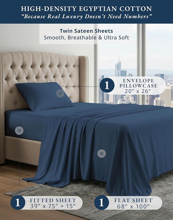 LANE LINEN Twin Sheets Set 100% Egyptian Cotton Sateen - Estate Blue | Twin Size Sheets - 3-Piece Set, Ideal For Dorms And Guest Beds, For A Luxurious Night's Sleep, Guest-Ready Comfort