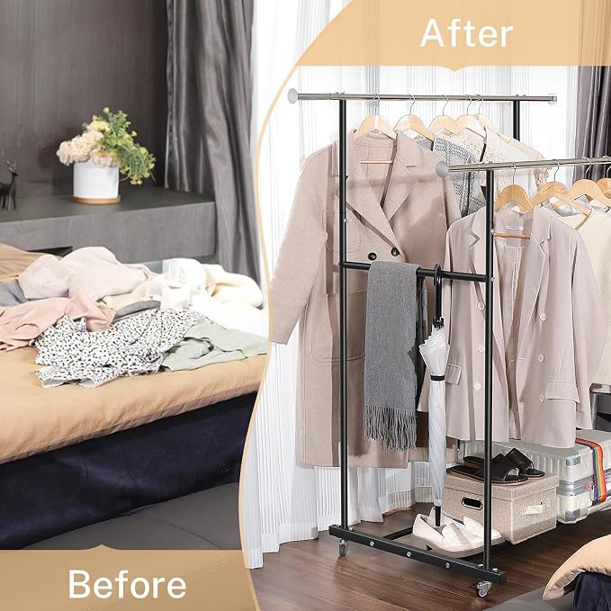VICERII Clothes Rack, Double Clothing Rack with Wheels and Extra Wide Bottom Shelf, 52.36’’ Heavy Duty Garment Racks for Hanging Clothes, Coats, Shirts, Skirts, Dresses, 130LB Capacity, Black