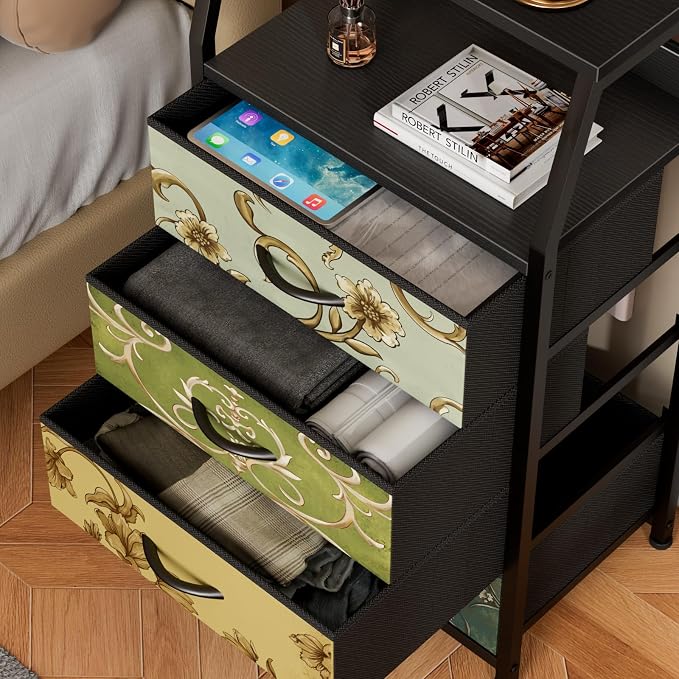 Furnulem Retro Small Dresser for Bedroom, Tall Nightstand with 4 Drawers | Vintage Dorm Fabric Bedside Table Side Furniture, Storage Organizer for Closet with Metal Frame, Wood Top, 2-Tier Shelf