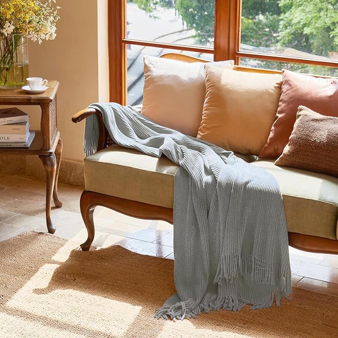 lifein Throw Blanket for Couch, Soft Boho Decor Bed Throw,Cozy Grey Knitted Chenille Small Farmhouse Lightweight Throw (Light Grey,60 * 80")