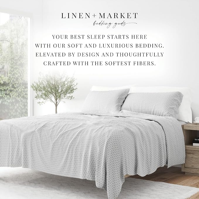 Linen Market Double-Brushed Patterned Microfiber Twin XL Sheet Set 3 Piece – Oeko-TEX Certified Ultra Soft & Wrinkle-Free - 16" Deep Pocket Sheets - Easy Care Twin XL Size - Honeycomb Light Gray