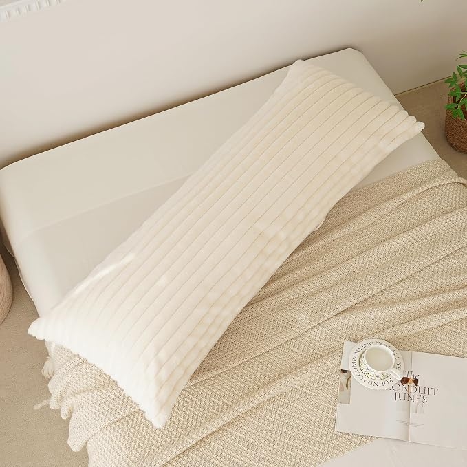 Full Body Pillow with Fluffy Stripe Faux Fur Removable Cover, Long Bed Pillow Adult 20x54 Inches for Side Sleeper and Pregnancy, Beige.