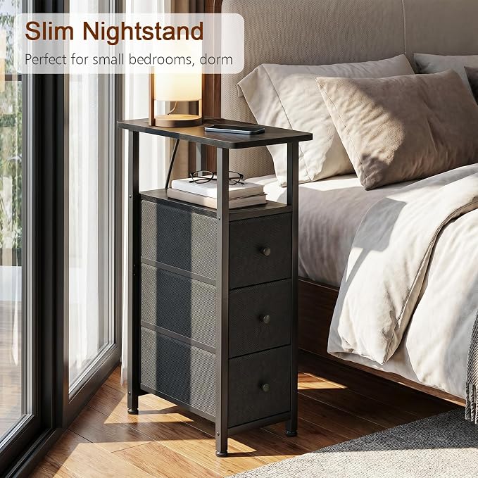 LOAKEKEL Narrow End Table with Charging Station, Small Nightstand | Skinny Side Tables Living Room with 3 Fabric Drawers, Slim Bedside Table for Bedroom, Small Spaces, Couch, Black