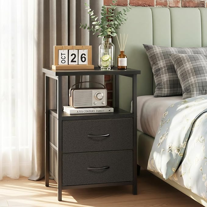 Fixwal Night Stand with Charging Station, 2 Fabric Drawers, Black | built-in bedside charger, 2 AC outlets & 2 usb ports, 2 wooden shelves, end table with storage, bedroom, living room