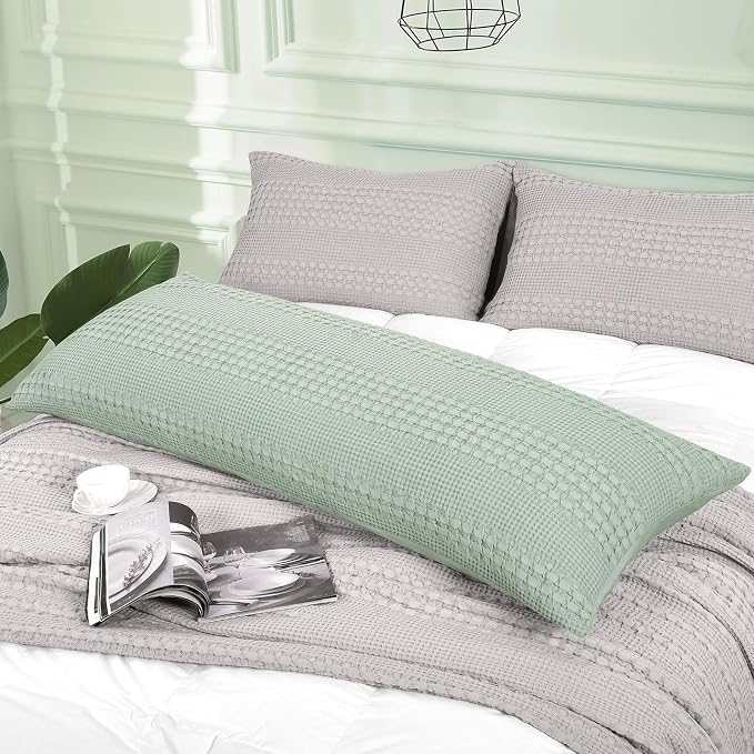 PHF 100% Cotton Waffle Body Pillowcase with Zipper, 1 Pack 20" x 54" Soft Skin-Friendly Pillow Sham, No Filling, Aesthetic Woven and Breathable Waffle Weave Body Pillow Cover for Bed, Mint Green