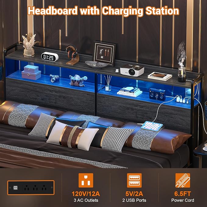 Aheaplus Headboard for King Size Bed Frame, Headboards with Outlets, USB Ports and LED Light, Head Board with Storage, Height Adjustable, Sturdy and Stable Headboard, King Size, Black Oak
