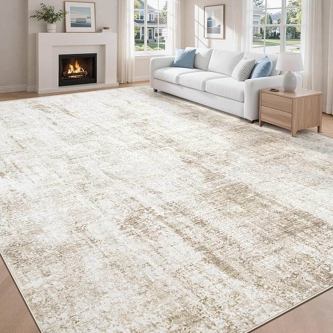 9x12 Area Rugs Washable Rug: Abstract Neutral Rugs Modern Non Slip Area Rug Stain Resistant Low Pile Indoor Carpet for Dining Room Bedroom Nursery Office (Beige, 9'x12')