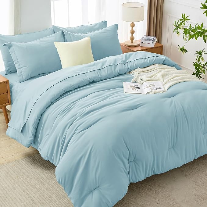 7 Pieces Queen Comforter Set, Soft Bed in a Bag Queen Size, All Season Bedding Set with Comforter, Flat Sheet, Fitted Sheet, Pillowcases & Shams, Lake Blue