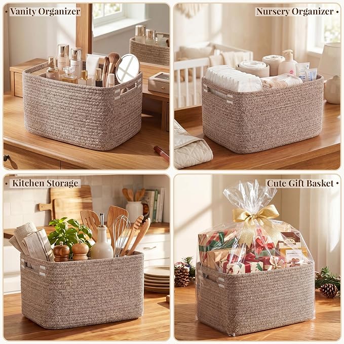 OIASKET 4Packs Natural Cotton Rope Storage Baskets for Organizing Toys, Clothes, Towels & Books, Soft Versatile Organizers for Shelves, Home Decorative Bins, 13''Lx9''Wx7.8''H, Linen Brown