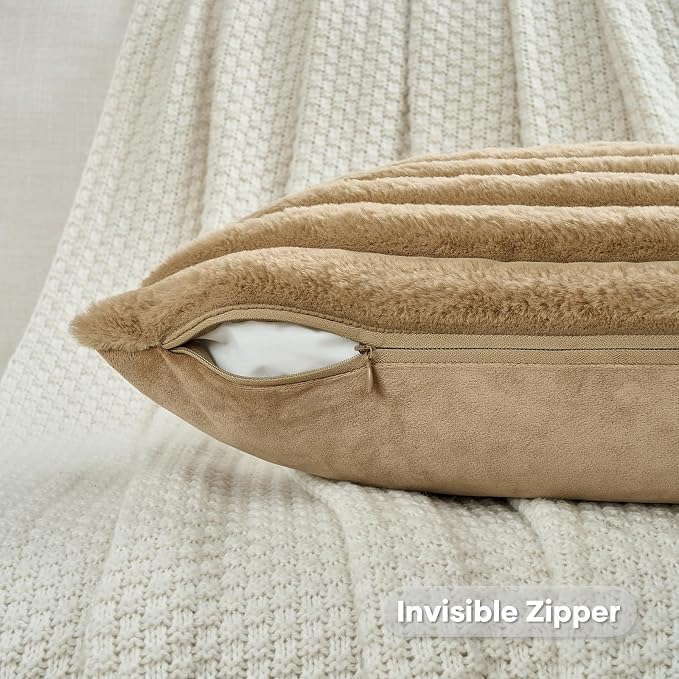 FUTEI Pack of 2 Faux Fur Throw Pillow Covers 20x20 Inch, Camel | Fluffy Faux Rabbit Fur Front/Premium Velvet Back,Hidden Zipper,Machine Washable,Non-Shedding,Colorfast,Insert Not Included.
