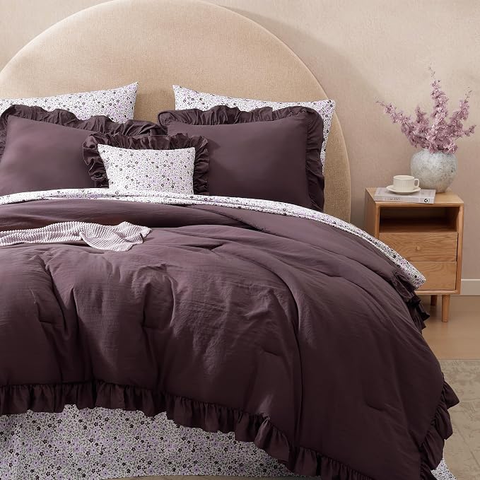 Queen Comforter Set-7 Pieces Ruffle Bedding with Floral Sheet | Dark Purple Bed in a Bag, Soft Lightweight All Season Farmhouse Queen Bedding Sets with Floral Sheets, Pillowcases & Shams