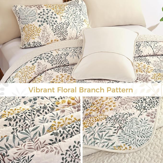 WONGS BEDDINGKing Quilt Set, 3 Pcs Yellow Green Floral Bedspread Coverlet | Botanical Print Quilt Set for Spring Summer, Lightweight Microfiber Farmhouse Quilted Bed Cover for Guest Room 110"×90"