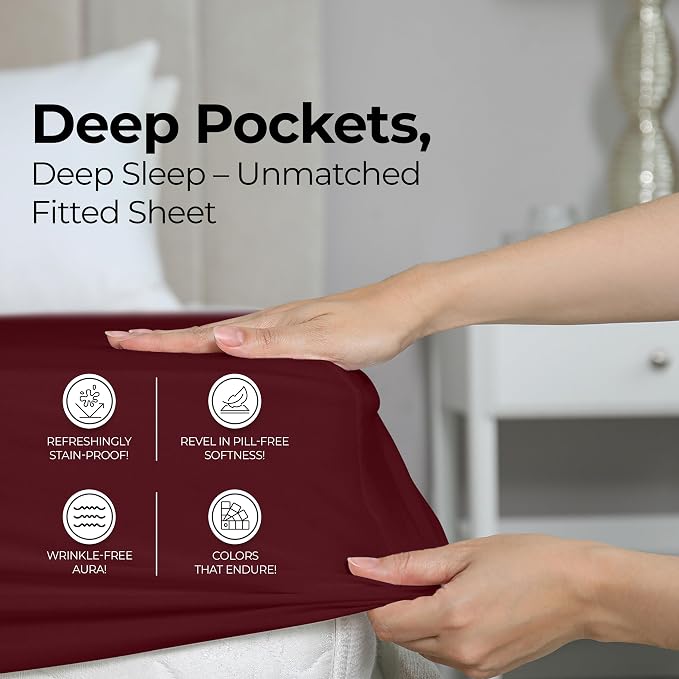 Queen Fitted Sheet, Ultra Soft Fits Up to 16 Inch Deep Pocket, Burgundy | Hotel Comfort, Cooling & Breathable Cotton like Polyester, Easy Fit, Wrinkle & Fade Resistant, Snug Fit, Easy Care, Oeko-Tex