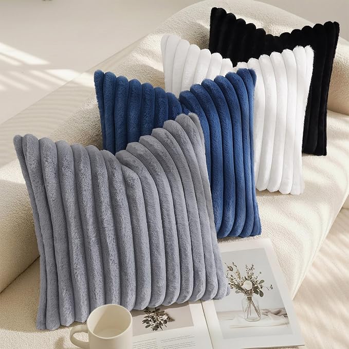 decorUhome Fall Faux Fur Throw Pillow Covers 24x24 Set of 2 Navy Blue | Decorative Soft Cozy Striped Plush Modern Farmhouse Boho Couch Pillow Cases Velvet Back for Sofa Bed Living Room Home Decor