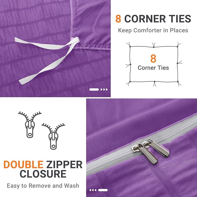 HYMOKEGE Dark Purple Duvet Cover King Size, Ultra Soft 3-Piece Seersucker Duvet Cover Set with Zipper Closure, Soft Brushed Microfiber Bedding Set with 8 Corner Ties (104"x90", 2 Pillowshams)