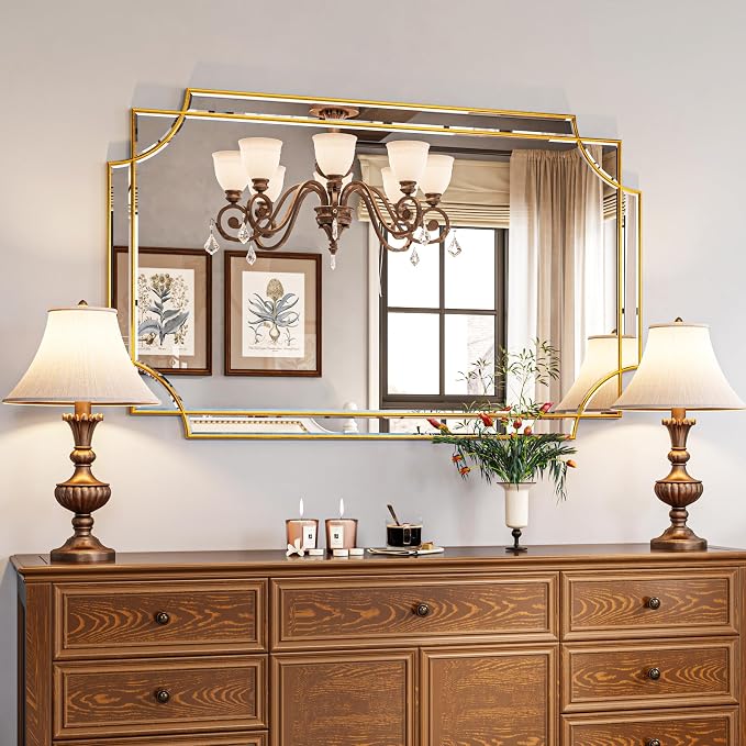 Kelly Miller 30"x48" Gold Foil Scalloped Edge Decorative Vanity Wall Mirror | Hand-Applied Gold Foil Finish. HD Mirror With French Cleat. Elegant Beveled Wall Mirror Decor For Bathroom Bedroom Entryway.