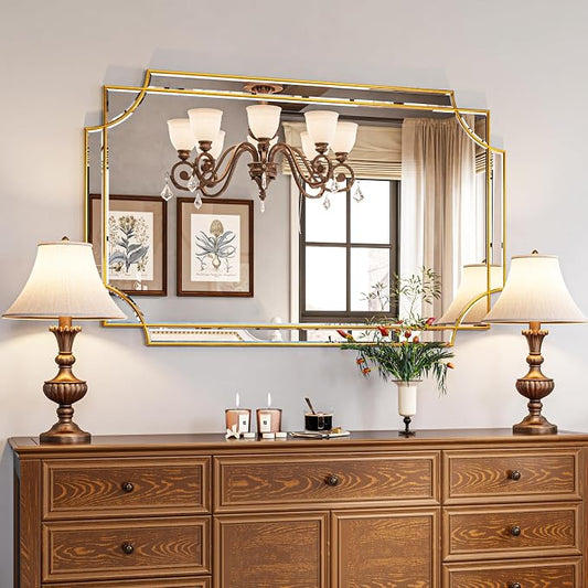 Kelly Miller 30"x48" Gold Foil Scalloped Edge Decorative Vanity Wall Mirror | Hand-Applied Gold Foil Finish. HD Mirror With French Cleat. Elegant Beveled Wall Mirror Decor For Bathroom Bedroom Entryway.