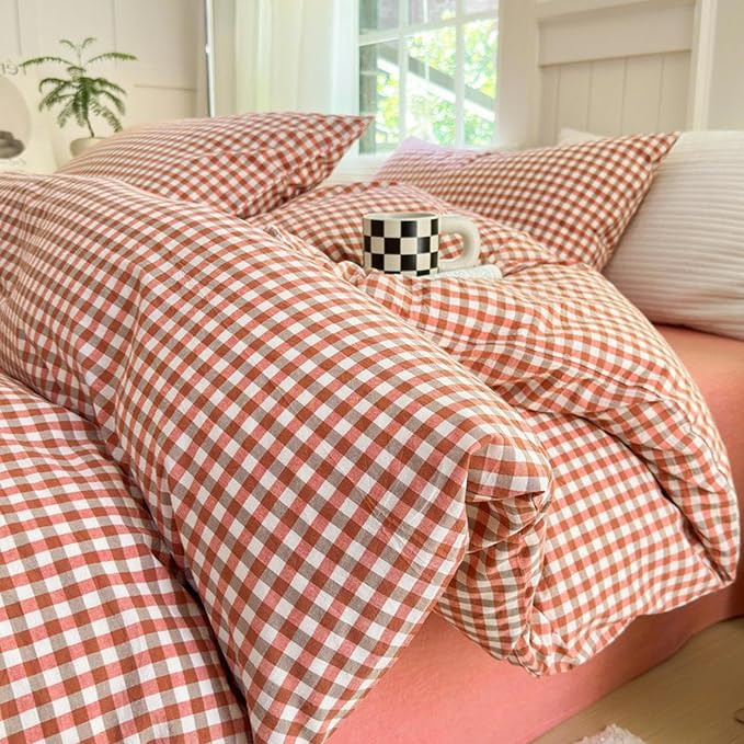 LifeTB Gingham Comforter Set King Modern Style Plaid Checkered Comforter Fluffy Soft Red Orange Grid Bedding Set Lightweight Gingham Bedding Comforter Farmhouse Checkered Comforter Set