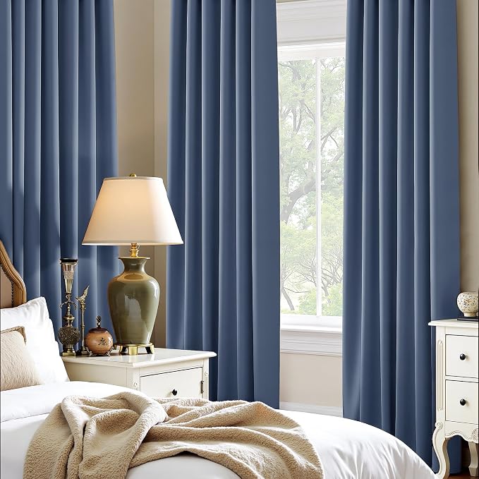 PONY DANCE Short Black Out Curtains 48 inch Long for Small Window, Rod Pocket Privacy Bathroom Draperies,Thermal Insulated Lighting Blocking Drapes for RV(2 Panels Set,Stone Blue, W42 x L48 inches)