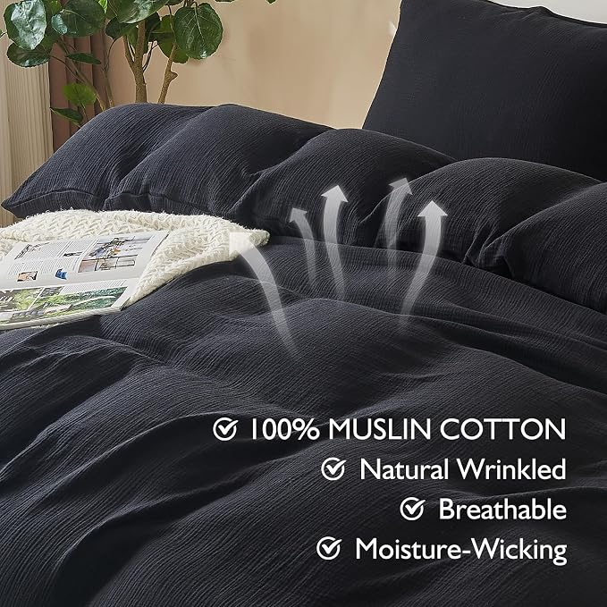 EMME Muslin Cotton Duvet Cover Set Twin Size Black Linen Like Soft Breathable Lightweight Summer Comforter Cover Set with Zipper Closure (Black, Twin, 68"x90")
