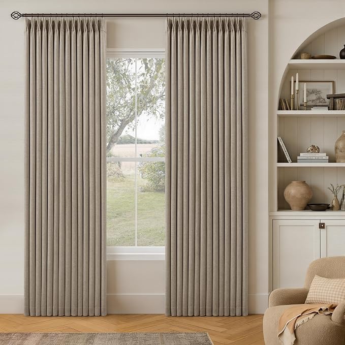Dark Flax 80 Inch Pinch Pleated Blackout Linen Curtains for Bedroom | Memory Trained, 100% Black Out, Soundproof, Pinch Pleat Window Curtains 2 Layers, for Living Room, Greyish Beige, 2 Panels