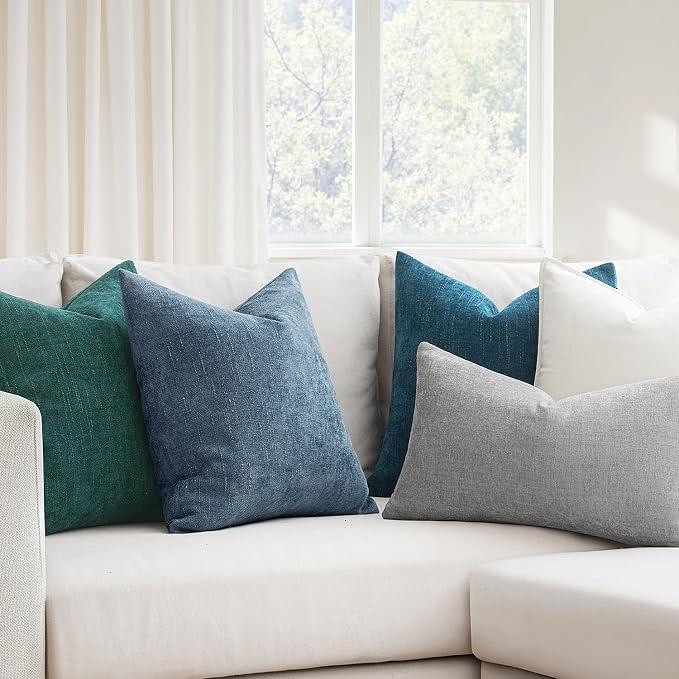 MIULEE Textured Chenille Throw Pillow Covers 20x20 Inch Dark Grey Blue | Pack of 2 Decorative Soft Throw Pillows, Solid Textured Cushion Covers, Modern Home Decor for Couch Sofa Bedroom Living Room