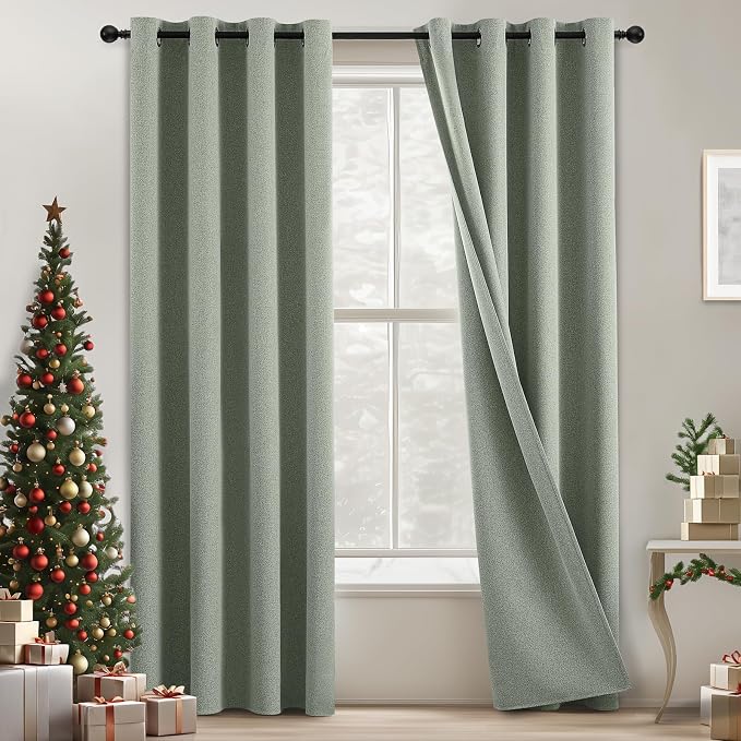 COSVIYA 100% Blackout Sage Green Linen Curtains & Drapes 90 Inch Length | Light Blocking Full Room Darkening Grommet Insulated Thermal Window Panels for Bedroom/Living Room,52x90 inches,2 Panels