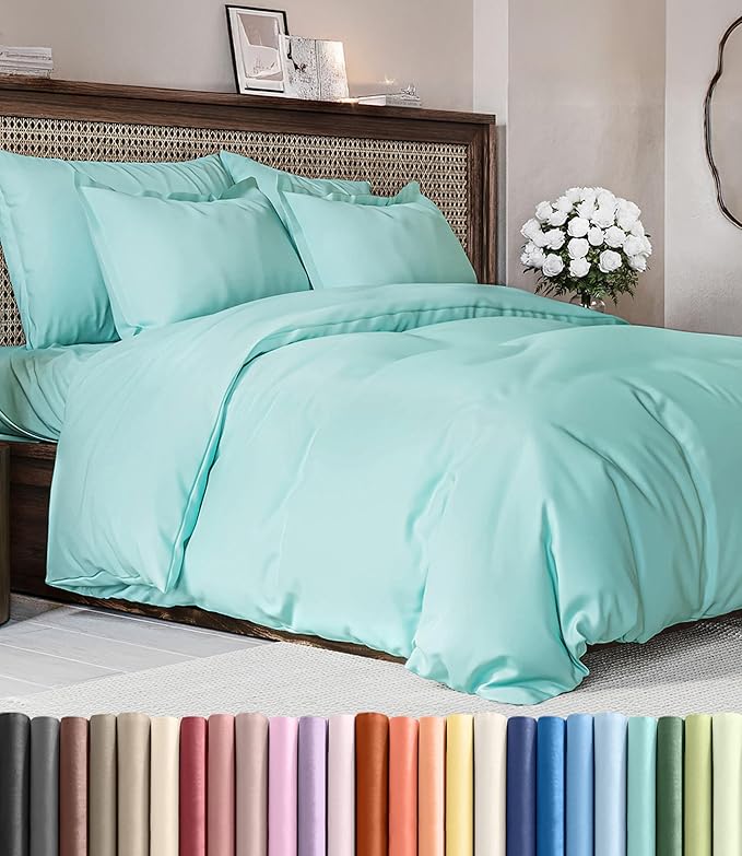 Duvet Cover Full Size - Soft 3 Piece with Zipper Closure - Spa Blue | Extra Soft, Breathable, Full Duvet Cover 80" x 90" with 2 Pillow Shams, Zipper Closures & Ties, Women, Men, Kids & Teens