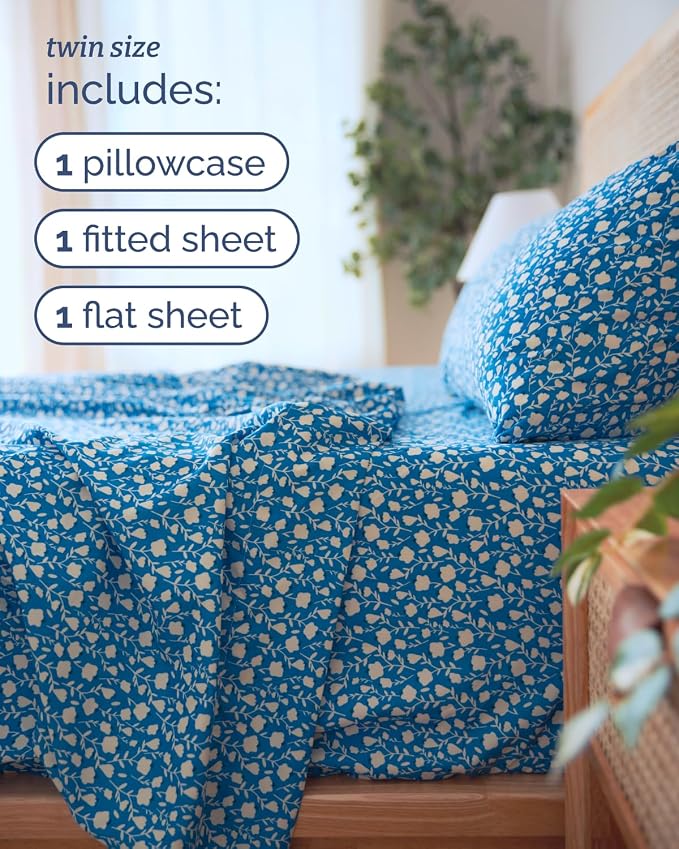Twin 3 Piece Floral Sheet Set - Breathable & Cooling - Blue Cornflower | 1 Flat, 1 Fitted & 1 Pillowcase w/ Deep Pockets, Boho Botanical Floral Bedding, Breathable & Cooling, Wrinkle & Fade Free