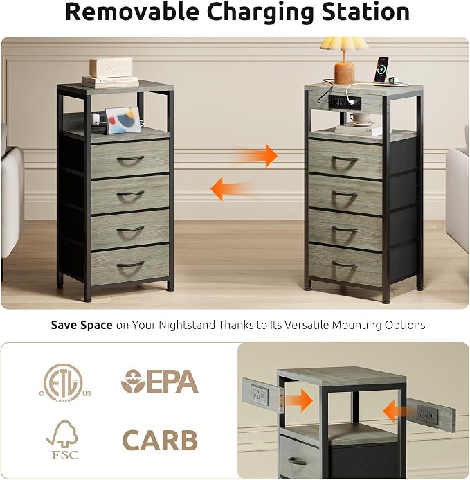Lazzanto Night Stand with Charger Station, 4 Fabric Drawers, Grey | Nightstand, Bedside Table, Open Shelf, Built in USB-A, USB-C Port & AC Outlets, For Bedroom, Dorm, Living Room